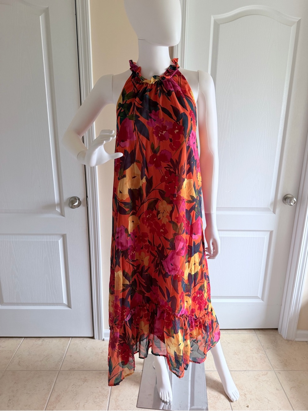 Chic Floral Halter Orange and Pink Ruffled Flounce Hem Maxi Dress Size S LikeNew